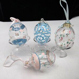Hand-Painted Floral Swirls Clear Glass Hanging Egg Ornaments - Set Of 4